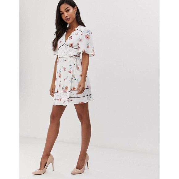 ASOS Fashion Union Wrap Dress White Pink Floral Polka Dot NWT Sz US 8 UK 12 - Picture 2 of 16